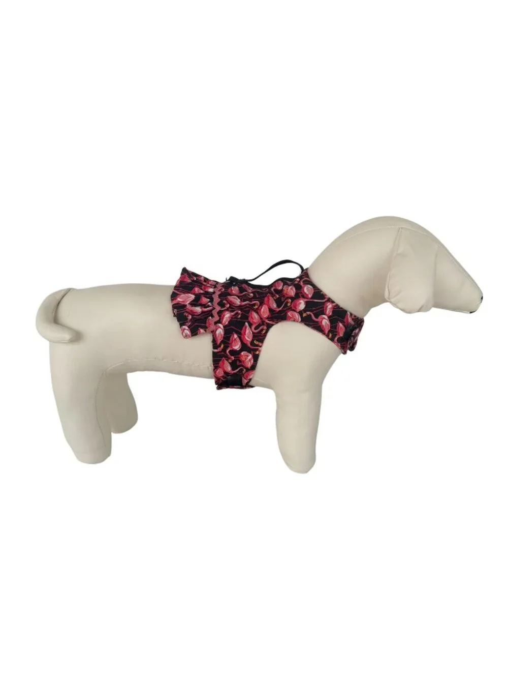 Handmade Small Dog Adjustable Dress Outfit w Harness Flamingo Black Pink Print